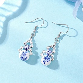 Круглые фарфоровые серьги-подвески ручной работы с цветочным принтом, с синтетическим гематитом и 304 крючками для сережек из нержавеющей стали