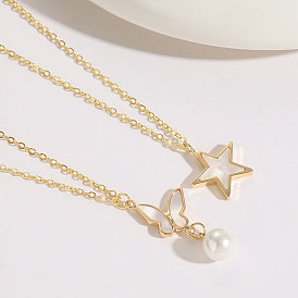 Fashionable and Minimalist Star Butterfly Shell Pearl Pendant Necklace in 14K Gold Plating