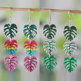 Bohemian Style Leaf Wood Dangle Earrings, with Stainless Steel, Jewely for Women, Platinum