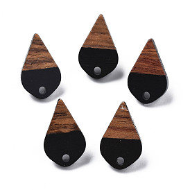 Opaque Resin & Walnut Wood Stud Earring Findings, with 304 Stainless Steel Pin and Hole, Two Tone, Teardrop