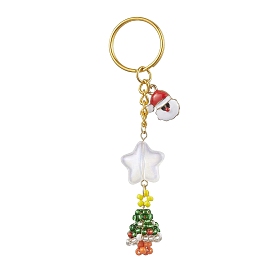 Christmas Theme Glass Seed Beads & Alloy Enamel Charms Keychain, with Transparent Acrylic Beads, Christmas Tree & Santa Claus