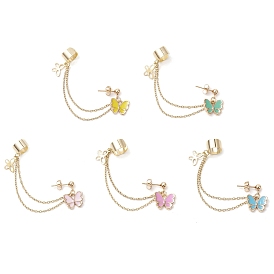 Butterfly Alloy Enamel Chains Tassel Dangle Earrings with Ear Cuff, Golden