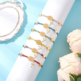 6шт. регулируемые браслеты из нейлонового шнура с плетеными бусинами, 304 Браслеты из нержавеющей стали с подвесками в виде Девы Марии и креста для женщин, со стеклянными бисеринами