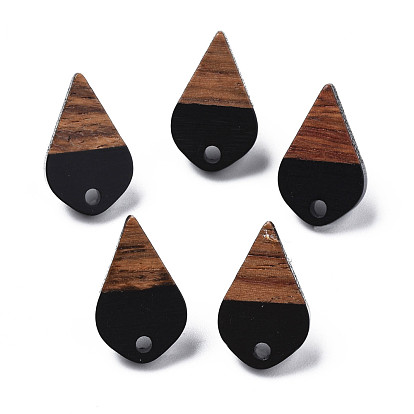 Opaque Resin & Walnut Wood Stud Earring Findings, with 304 Stainless Steel Pin and Hole, Two Tone, Teardrop