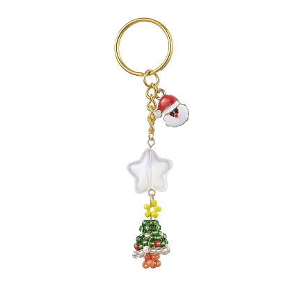 Christmas Theme Glass Seed Beads & Alloy Enamel Charms Keychain, with Transparent Acrylic Beads, Christmas Tree & Santa Claus