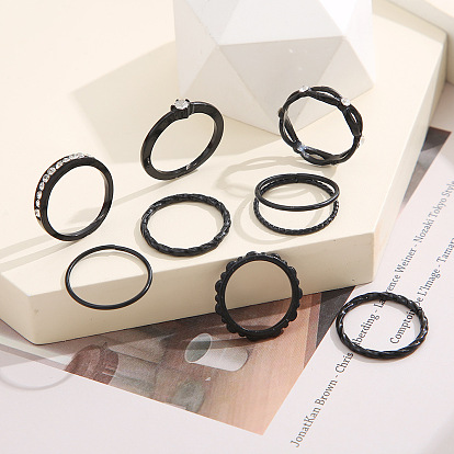 8-Piece Creative Black Twisted Joint Ring Set with Sparkling Gemstones