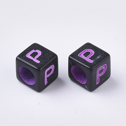 Opaque Acrylic Beads, Horizontal Hole, Cube with Random Initial Letter