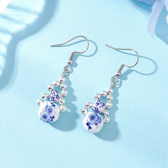 Круглые фарфоровые серьги-подвески ручной работы с цветочным принтом, с синтетическим гематитом и 304 крючками для сережек из нержавеющей стали