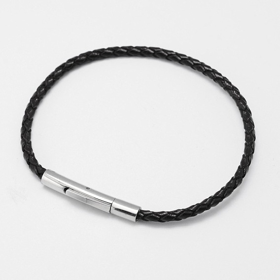 Braided Leather Cord Bracelet Making, with 304 Stainless Steel Bayonet Clasps, 205x3.5mm