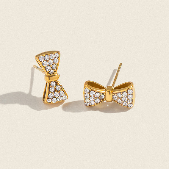 304 серьги-гвоздики из нержавеющей стали с бантом, со стразами