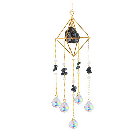 Gemstone Chip Pendant Decoration, with Glass Teardrop Charm, for Room Window Patio Hanging Oornaments, Golden