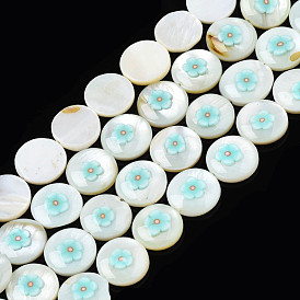 Natural Freshwater Shell Enamel Beads, Flat Round with Flower