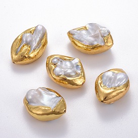 Natural Baroque Pearl Cultured Freshwater Pearl Beads, Covered with Brass, Golden Plated
