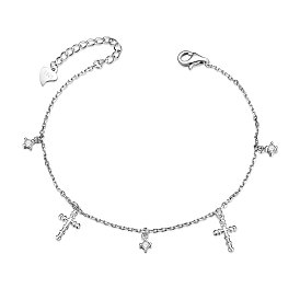 SHEGRACE 925 Sterling Silver Charm Bracelets, with Grade AAA Cubic Zirconia, with 925 Stamp, Cross