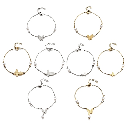 304 из нержавеющей стали бабочка ссылка браслеты, ювелирные изделия из кабельной цепи для женщин, с пластиковыми бусинами из искусственного жемчуга