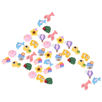 40Pcs 10 Style Resin Cabochons, Hot Air Balloon & House & Flower & Leaf & Crab & Dolphin & Lobster & Tortoise & Shell & Star