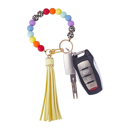 Силиконовый круглый брелок из бисера с кисточкой из искусственной кожи, с поворотными застежками из сплава и 304 разъемными кольцами для ключей из нержавеющей стали