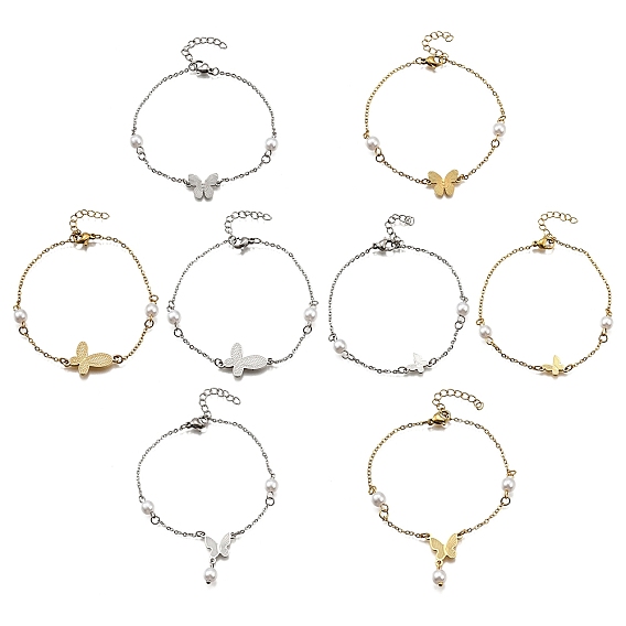 304 из нержавеющей стали бабочка ссылка браслеты, ювелирные изделия из кабельной цепи для женщин, с пластиковыми бусинами из искусственного жемчуга