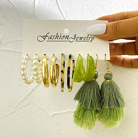Bohemian Green Tassel Earrings Set with Pearl and Acrylic, 5 Pieces.