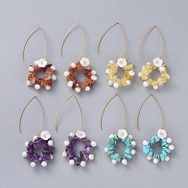 Chip Gemstone Dangle Earrings, with Natural Pearl Beads, 
Natural Trochid Shell Beads, Golden Plated 304 Stainless Steel Earring Hooks and Cardboard Packing Box