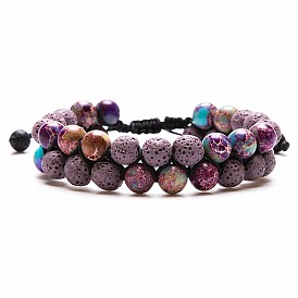 Natural Stone Beaded Bracelet with Colorful Volcanic Rock and Essential Oil - Double Layer
