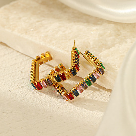 Geometric Stainless Steel Earrings with Colorful Diamonds, Fashionable Retro Ethnic Style Titanium Ear Jewelry for Women