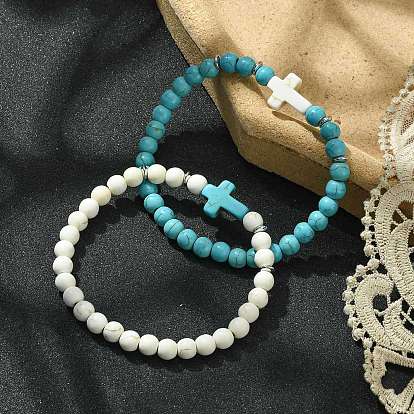 2Pcs 2 Color Synthetic Turquoise Cross Beaded Stretch Bracelets Set, Stackable Bracelets