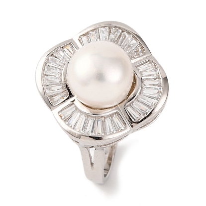 Flower Plated 925 Sterling Silver Clear Cubic Zirconia Adjustable Rings, Round Natural Pearl Bead Finger Rings for Women