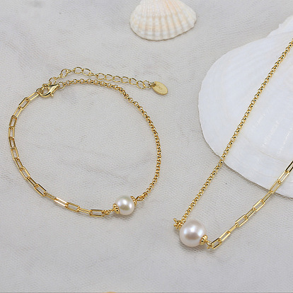 Natural Pearl Link Bracelets with 925 Sterling Silver Chains, with S925 Stamp