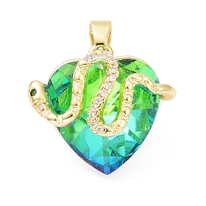 Real 18K Gold Plated Rack Plating Brass Micro Pave Cubic Zirconia Pendants, with Glass, Long-Lasting Plated, Cadmium Free & Lead Free, Snake with Heart