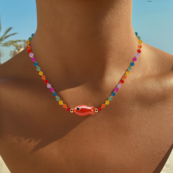 Фарфоровая подвеска в виде рыбки, ожерелья из разноцветных стеклянных бусин для друзей и пар, золотые