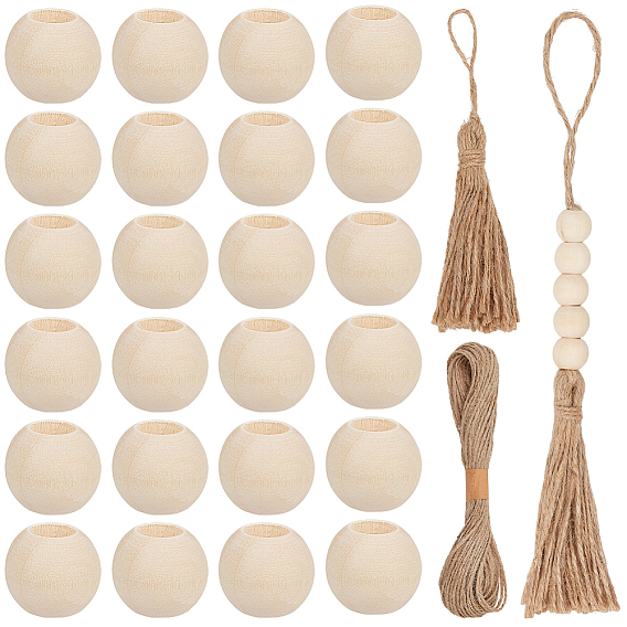 DIY Pendant Decorations Kits, including 6Pcs Jute Style Tassel Embellishing Cords Pendant Decorations, 1 Bundle Jute Twines, 100Pcs Unfinished Wood Beads
