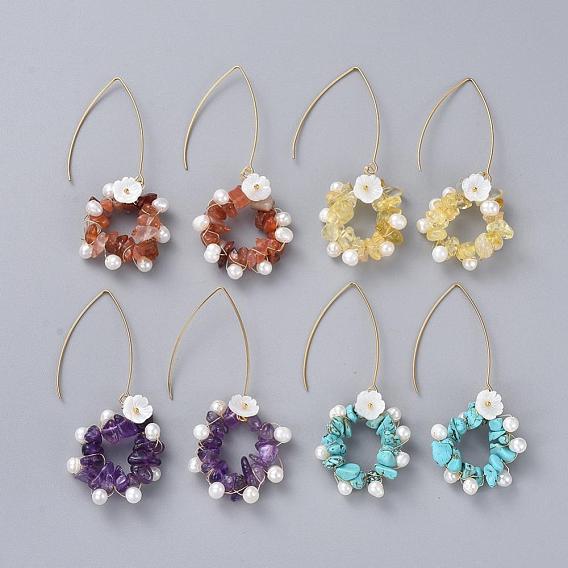 Chip Gemstone Dangle Earrings, with Natural Pearl Beads, 
Natural Trochid Shell Beads, Golden Plated 304 Stainless Steel Earring Hooks and Cardboard Packing Box