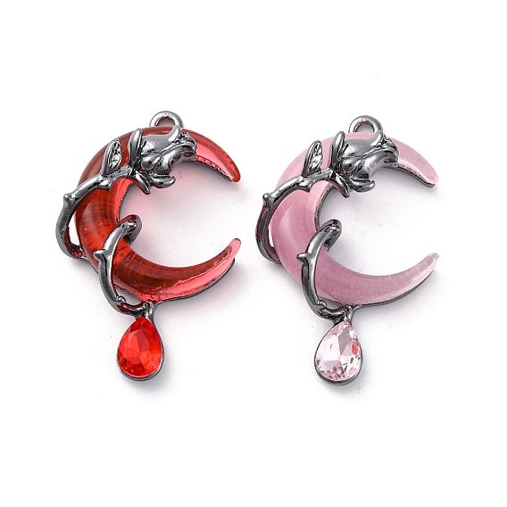 Подвески из сплава и страза, луна с розой, cmолой, стойки покрытие, металлический черный 