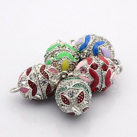 Platinum Plated Oval Alloy Enamel Magnetic Clasps with Loops, with Grade A Rhinestone, 23x14mm, Hole: 2mm