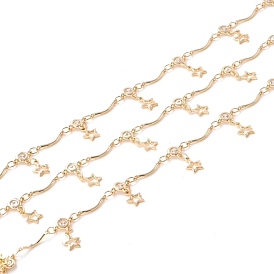 Handmade Brass Link Chains, Bar and Flat Round with Cubic Zirconia, with Star Charm, Long-Lasting Plated, Soldered, with Spool, Lead Free & Cadmium Free