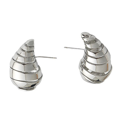 Fashionable C-shaped water drop earrings with spiral pattern - metal, hollowed-out, silver needle.