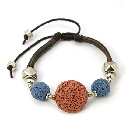 Lava Rock Beads Bracelets, Waxed Cotton Cord with Alloy Findings, 46mm