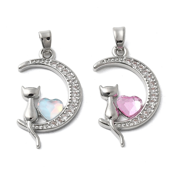 Латунный микропаве кубический цирконий со стеклянными подвесками, без кадмия, без никеля и без свинца, луна и кошка и сердце, платина