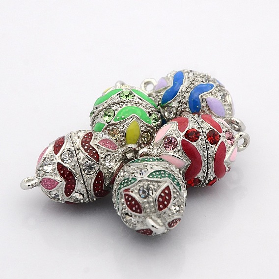 Platinum Plated Oval Alloy Enamel Magnetic Clasps with Loops, with Grade A Rhinestone, 23x14mm, Hole: 2mm