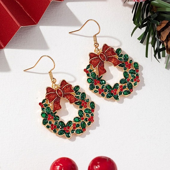 Серьги-подвески из эмалевого сплава с рождественским венком, Рождественский венок, со стразами