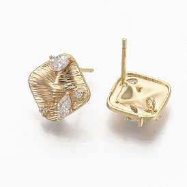 Brass Clear Cubic Zirconia Stud Earring Findings, with Loop, Nickel Free, Rhombus, Real 18K Gold Plated