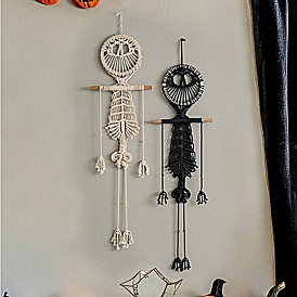 Skull Cotton Macrame Woven Wall Hanging, with Plastic Non-Trace Wall Hooks, for Nursery and Home Decoration