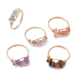 Copper Wire Wrapped Natural Green Aventurine & Rose Quartz & Tiger Eye & Amethyst & Carnelian Chips Finger Rings for Women