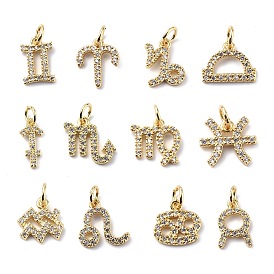 Brass Micro Pave Cubic Zirconia Charms, Twelve Constellations Charm, with Jump Rings, Real 18K Gold Plated