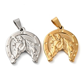 Vacuum Plating 304 Stainless Steel Pendants, Horseshoe with Horse Charms