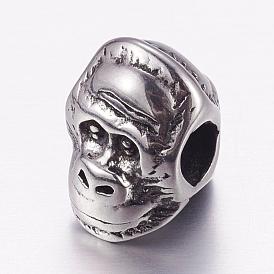 304 Stainless Steel European Beads, Large Hole Beads, Orangutan Head