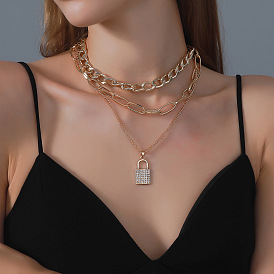 3-Layer Metal Chain Necklace with Lock Pendant - Elegant and Stylish