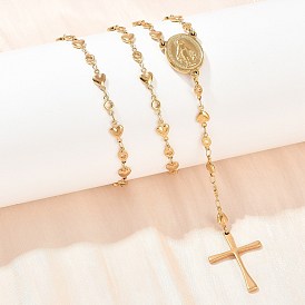 201 шарик ожерелья из нержавеющей стали четки, Цепочка-подвеска в форме сердца с девственным крестом и застежкой из нержавеющей стали, ионное покрытие (ip)