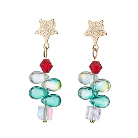 304 Stainless Steel with Glass Stud Dangle Earring, Star with Teardrop, Green